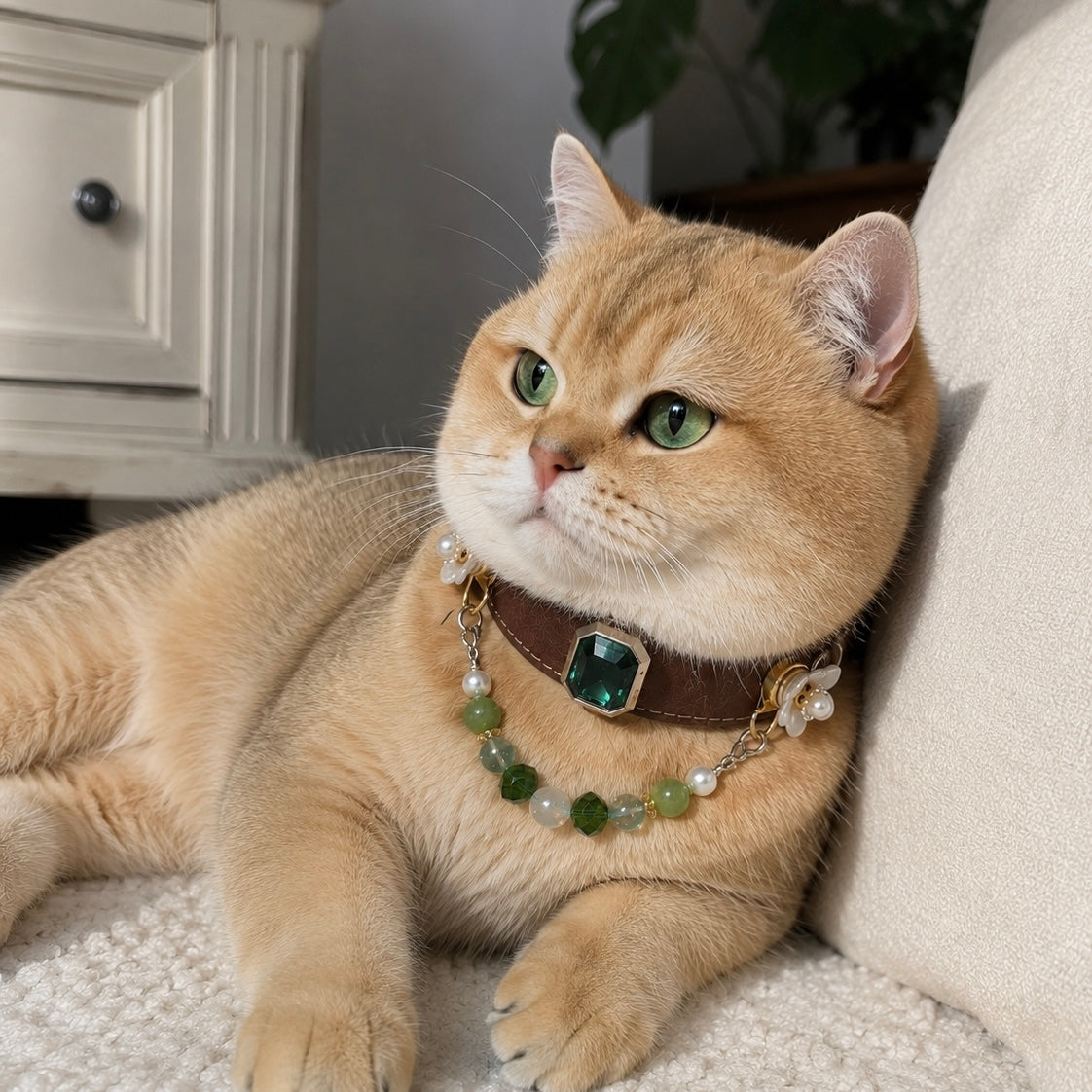 Green Fluorite Crystal Pearl Pet Collar Necklace