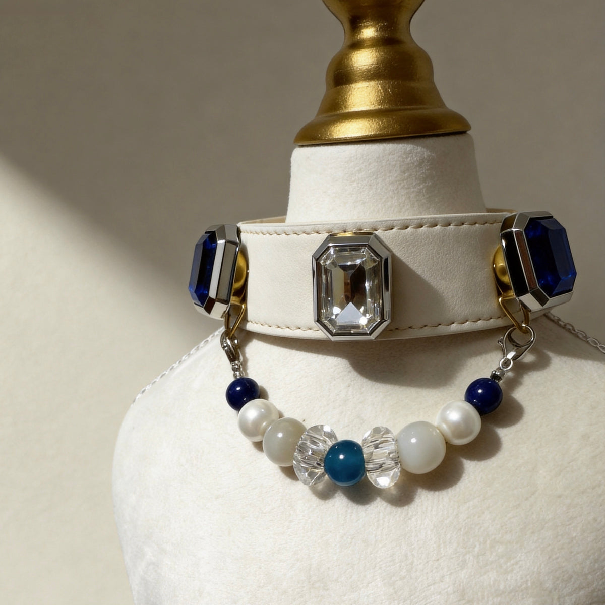 Blue Crystal Pearl Gemstone Pet Collar Necklace