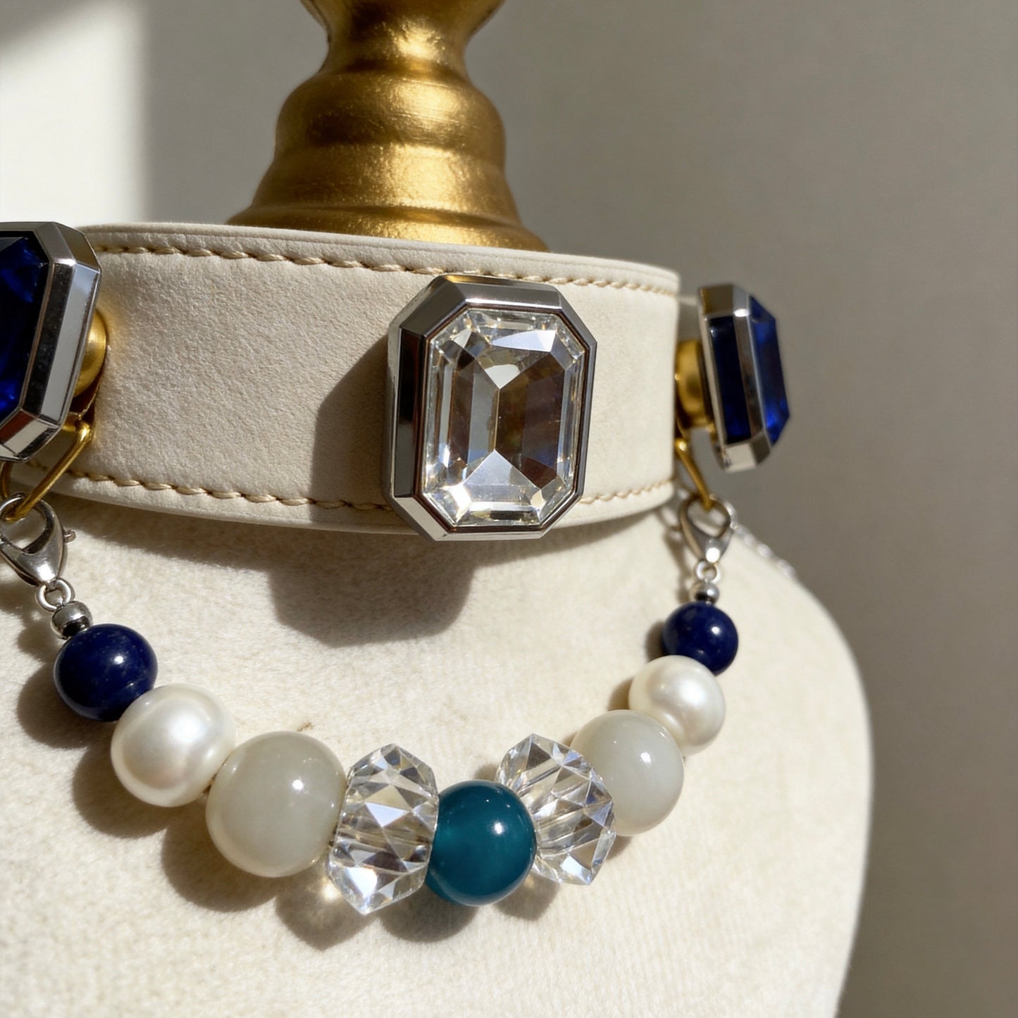 Blue Crystal Pearl Gemstone Pet Collar Necklace