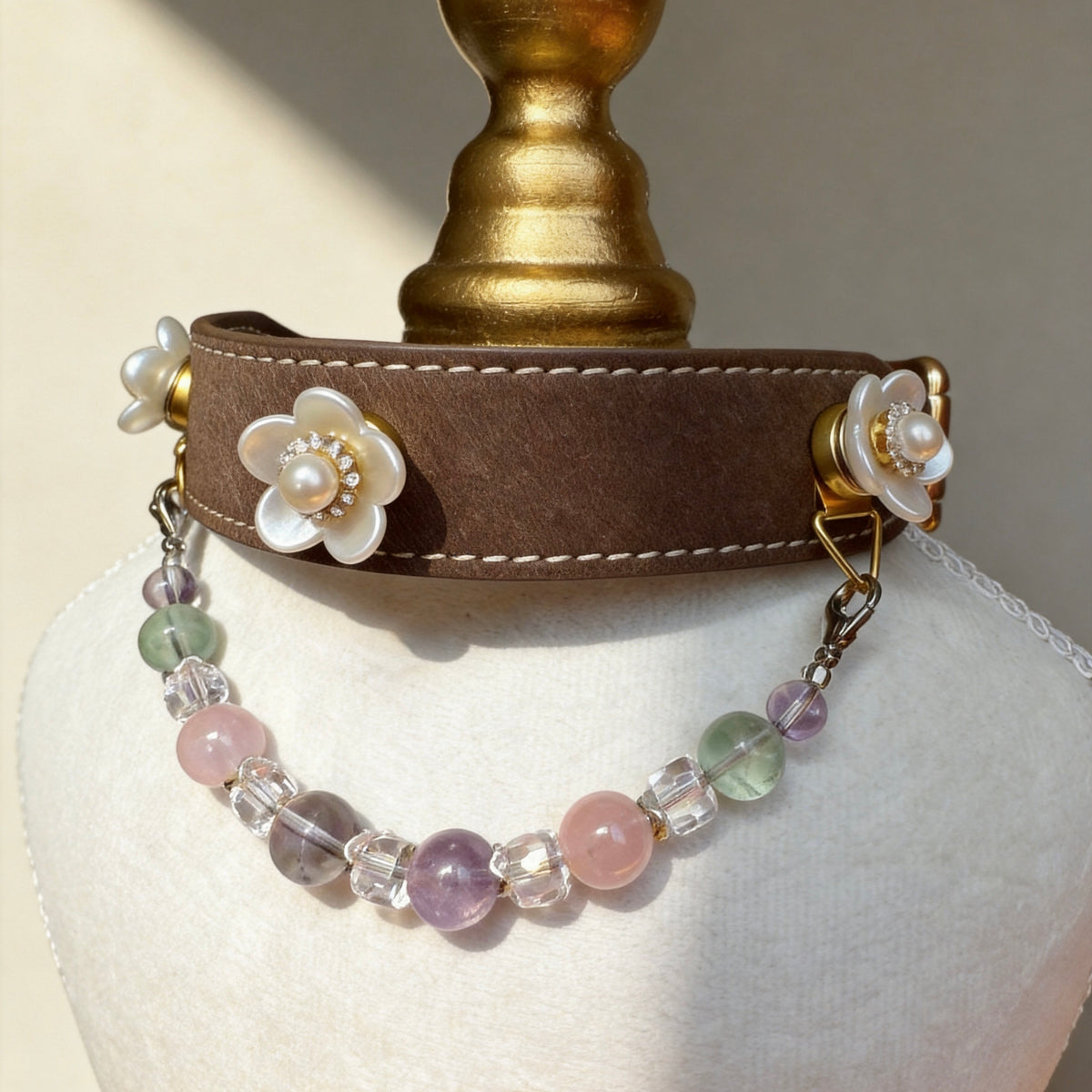 Pink Green Crystal Gemstone Pet Collar Necklace