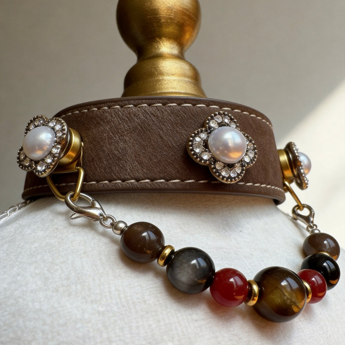 Tiger Eye Crystal Pearl Pet Collar Necklace