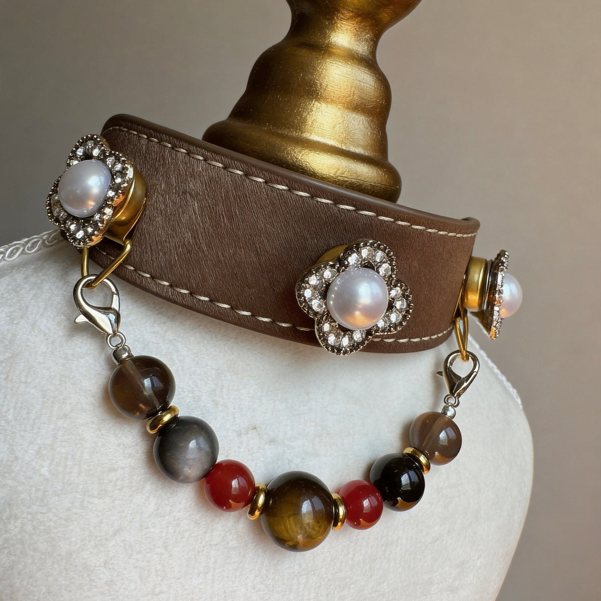 Tiger Eye Crystal Pearl Pet Collar Necklace