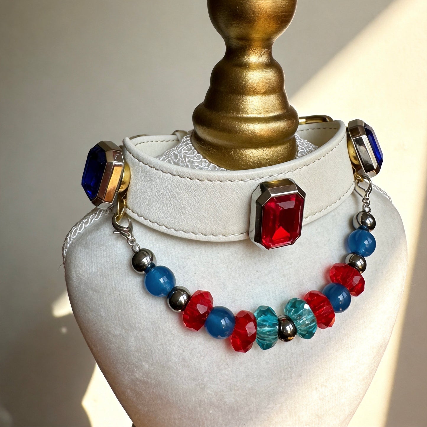 Blue Red Crystal Gemstone Pet Collar Necklace