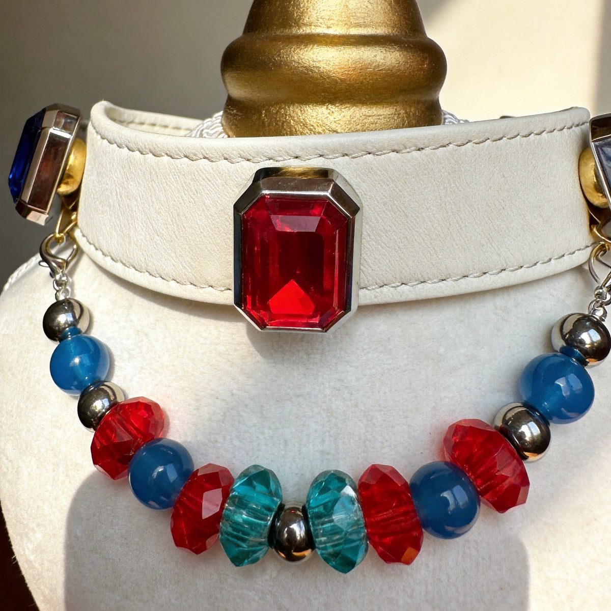 Blue Red Crystal Gemstone Pet Collar Necklace