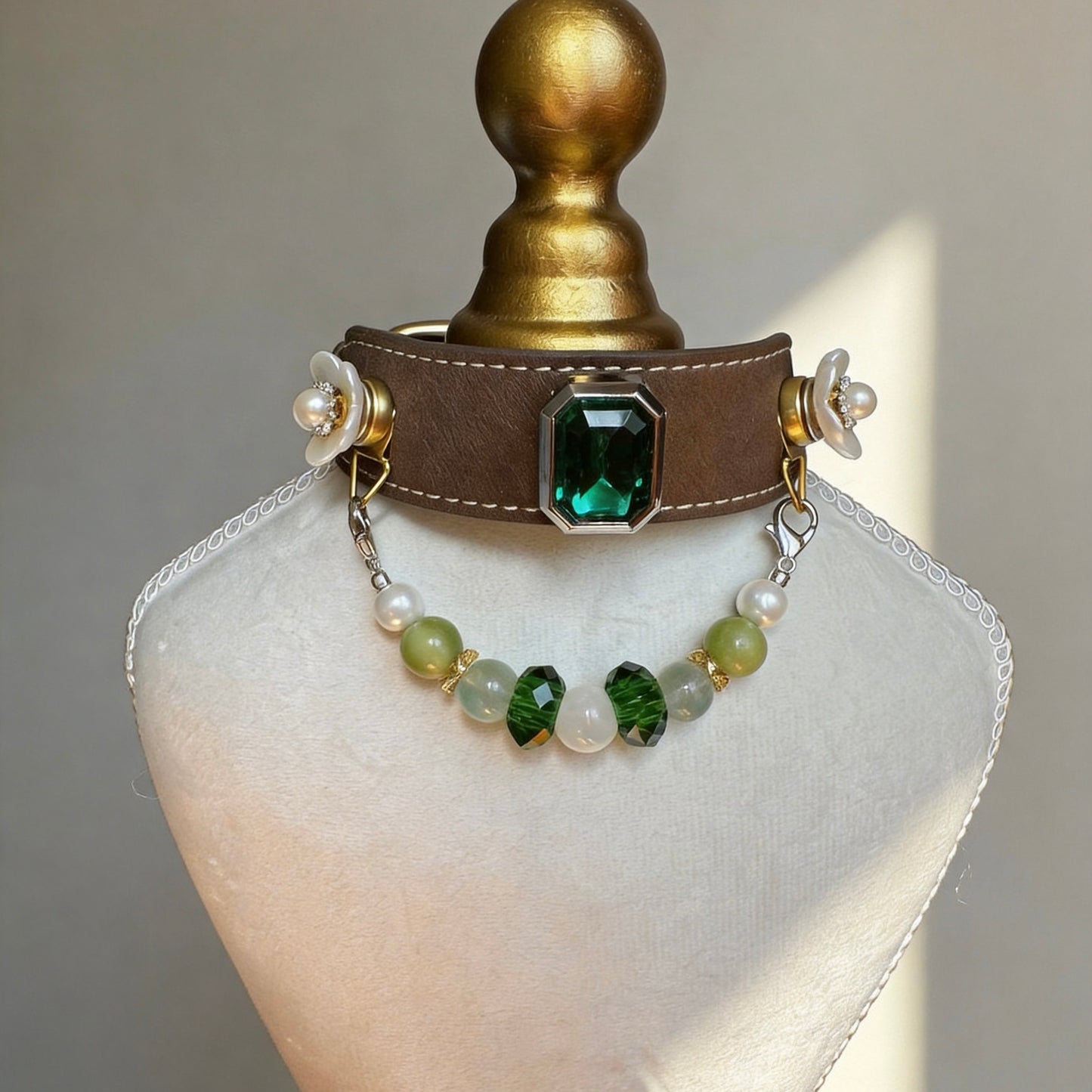 Green Fluorite Crystal Pearl Pet Collar Necklace