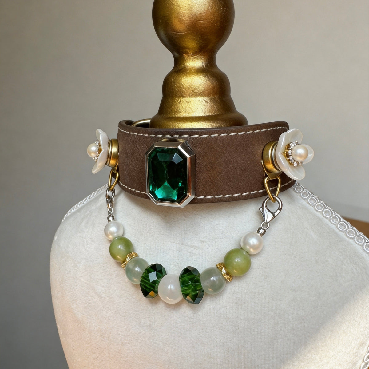 Green Fluorite Crystal Pearl Pet Collar Necklace