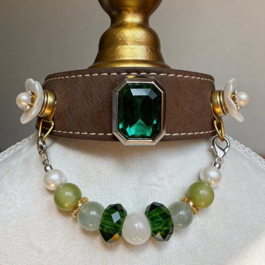 Green Fluorite Crystal Pearl Pet Collar Necklace